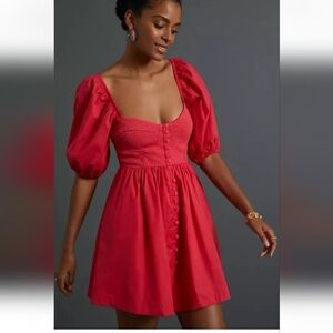 Anthropologie Maeve Sweetheart Dress Red Puffed Slv Smocked Button Close SM FLAW